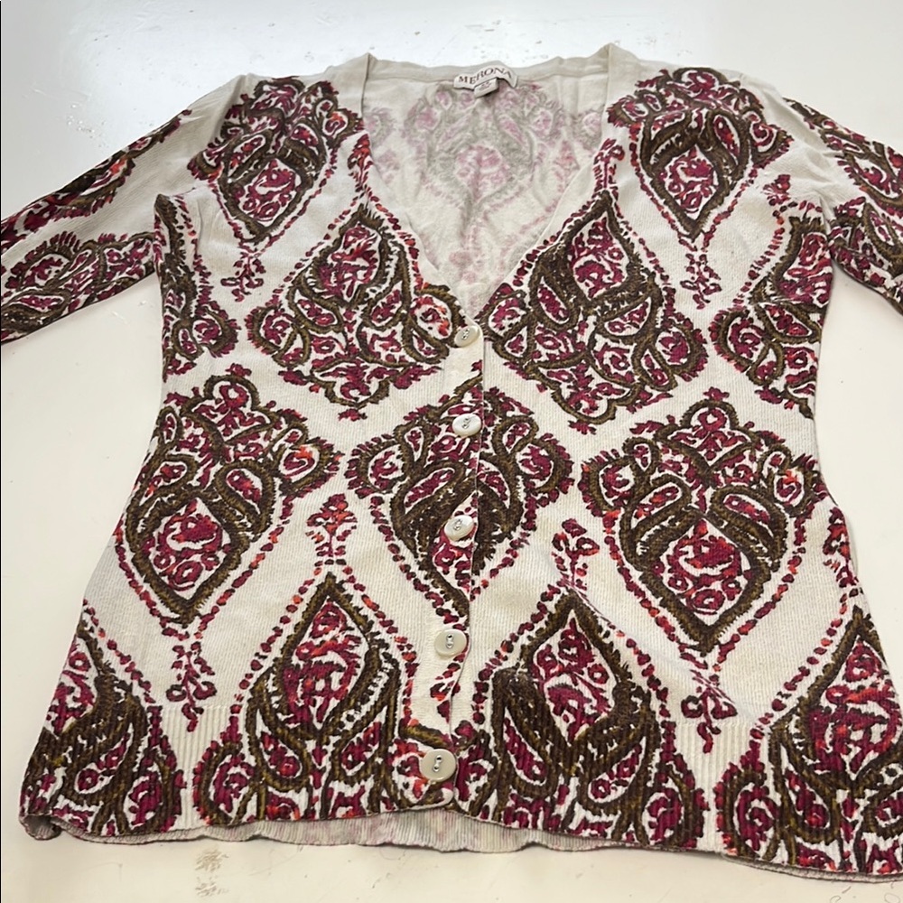 Merona XS 3/4 Sleeve Button Up V Neck Paisley Print Patterned Cardigan